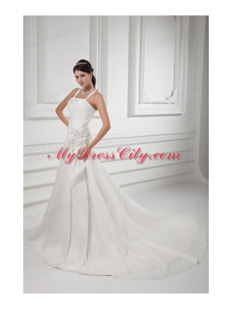 A-line Straps Appliques Ruching Satin Chapel Train Wedding Dress