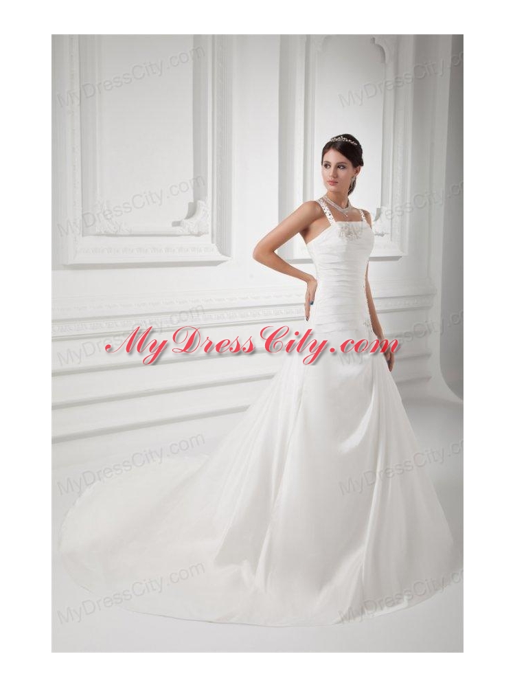 A-line Straps Appliques Ruching Satin Chapel Train Wedding Dress