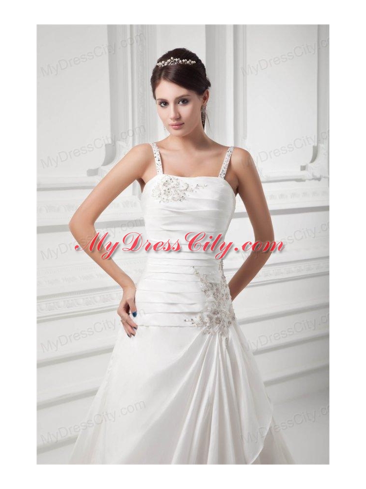 A-line Straps Appliques Ruching Satin Chapel Train Wedding Dress