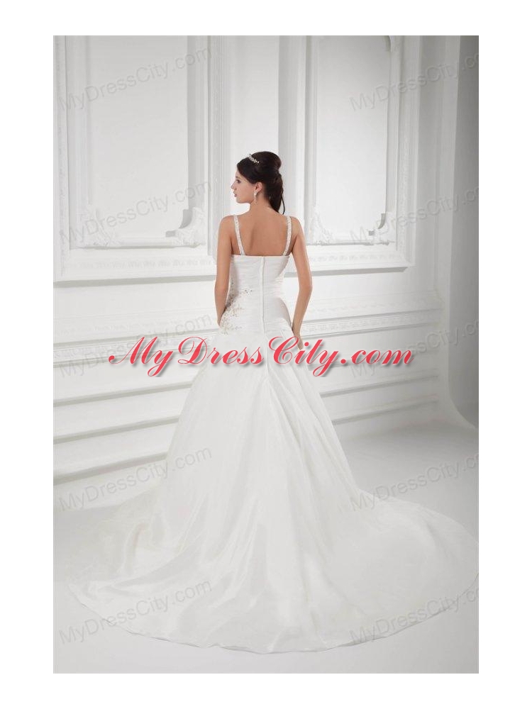 A-line Straps Appliques Ruching Satin Chapel Train Wedding Dress