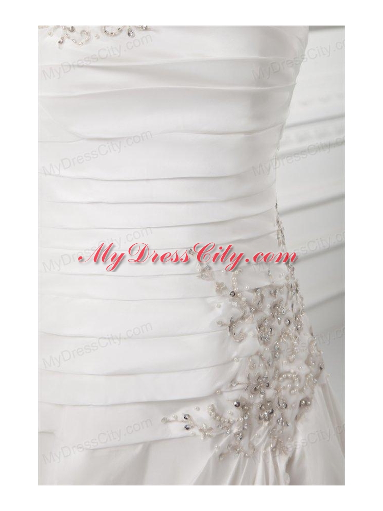 A-line Straps Appliques Ruching Satin Chapel Train Wedding Dress