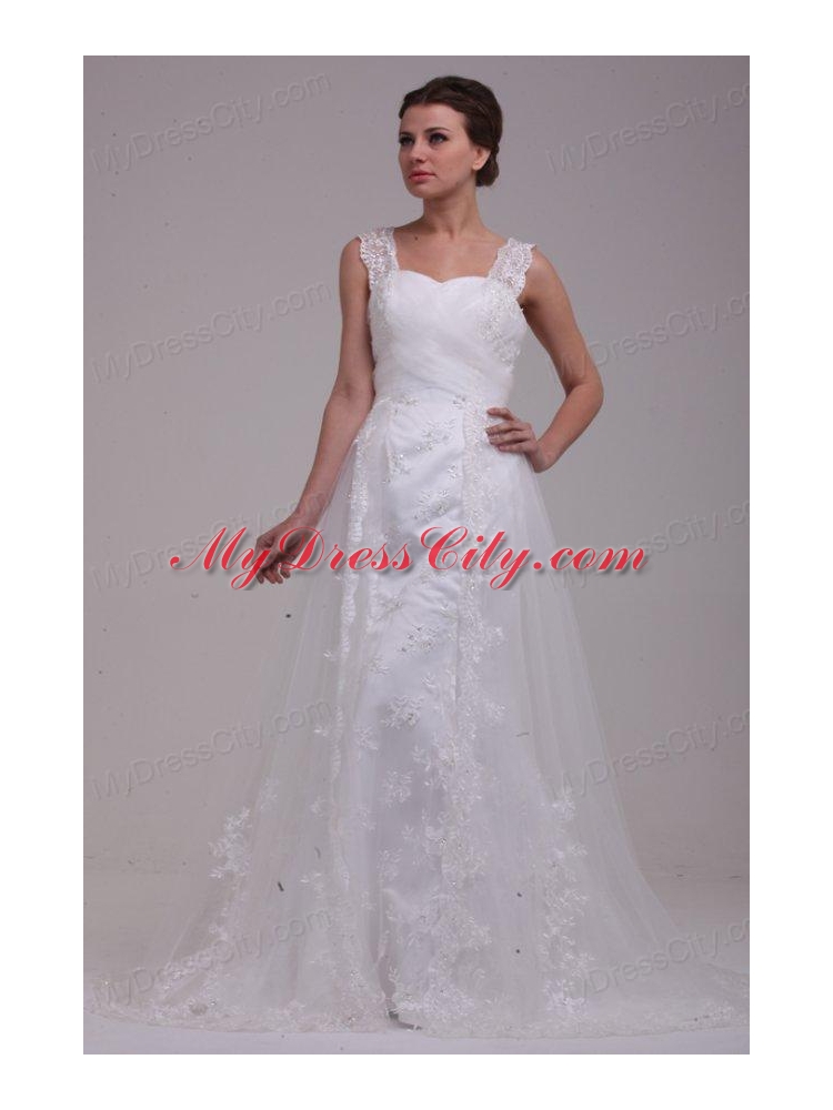 A-Line Straps Brush Train Appliques Tulle Wedding Dress