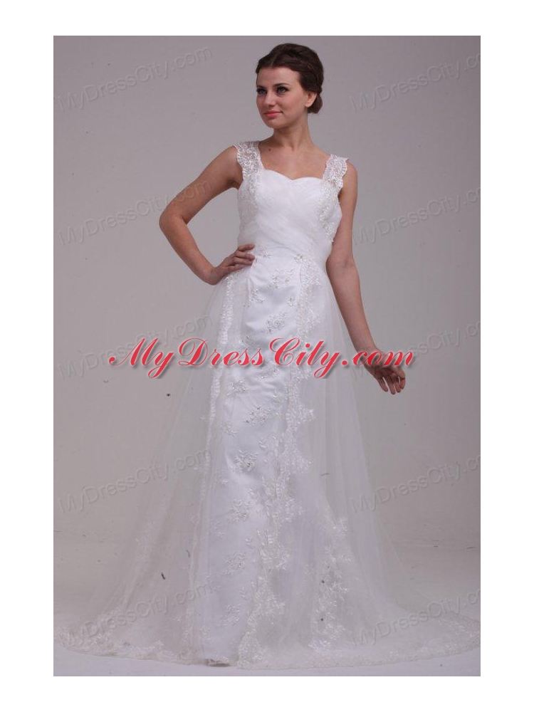 A-Line Straps Brush Train Appliques Tulle Wedding Dress