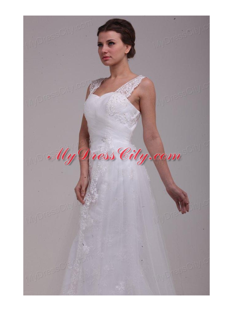 A-Line Straps Brush Train Appliques Tulle Wedding Dress