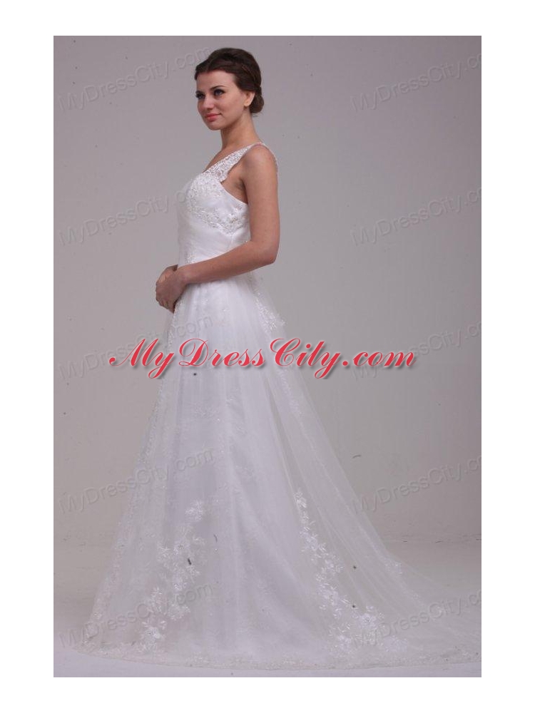 A-Line Straps Brush Train Appliques Tulle Wedding Dress