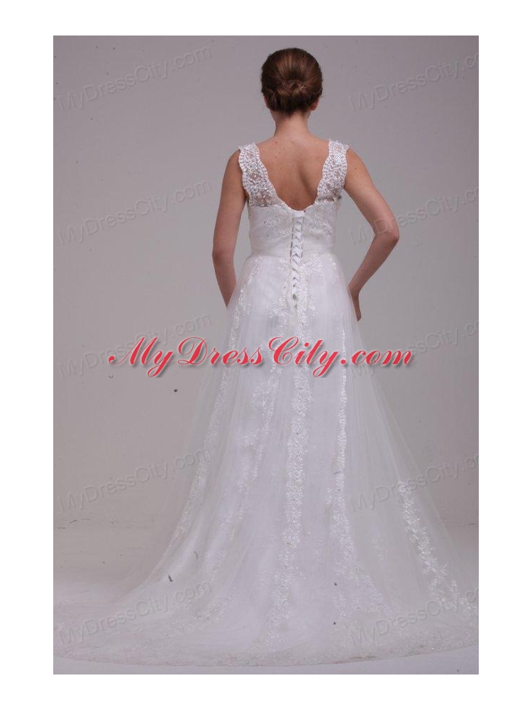 A-Line Straps Brush Train Appliques Tulle Wedding Dress