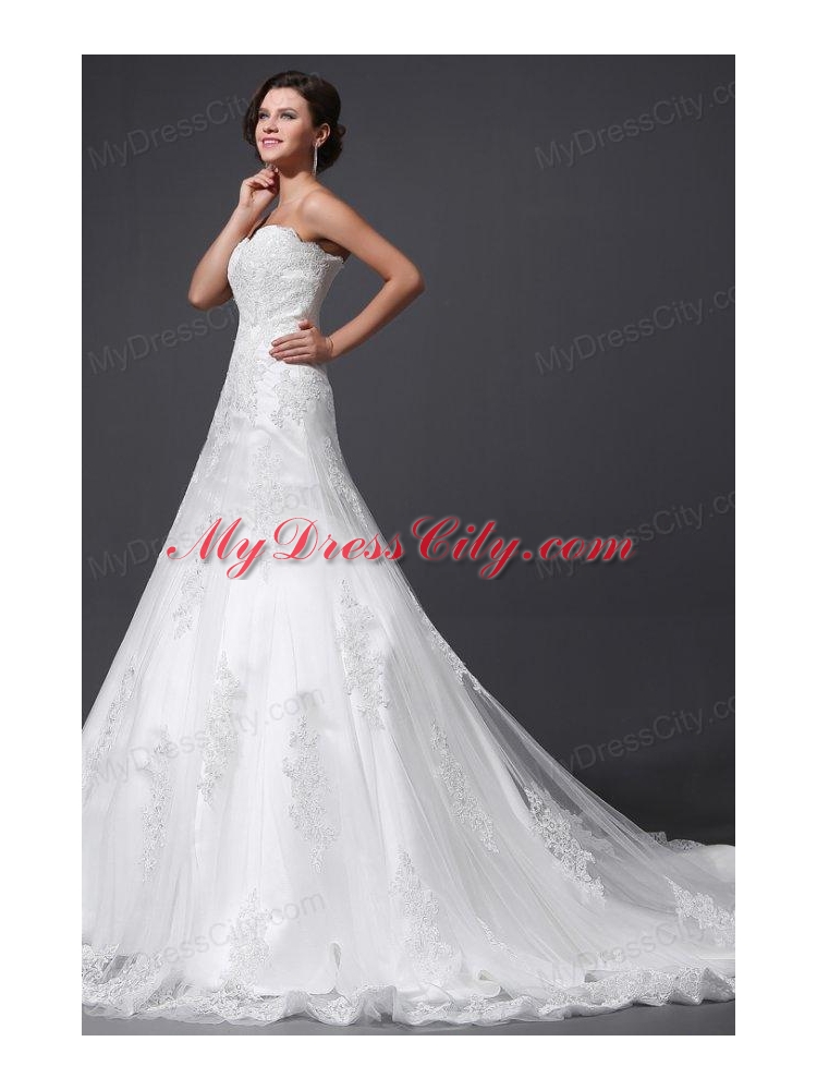 A-Line Sweetheart Appliques and Lace Wedding Dress with Court Train