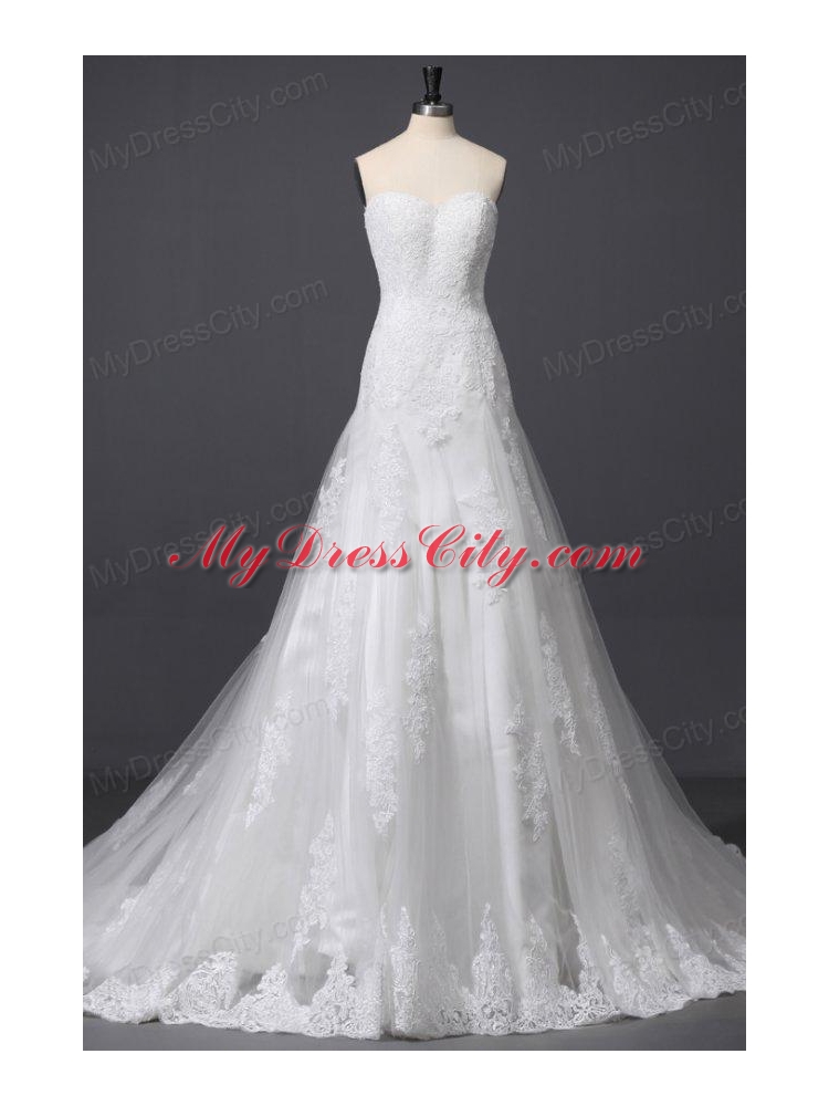 A-Line Sweetheart Appliques and Lace Wedding Dress with Court Train