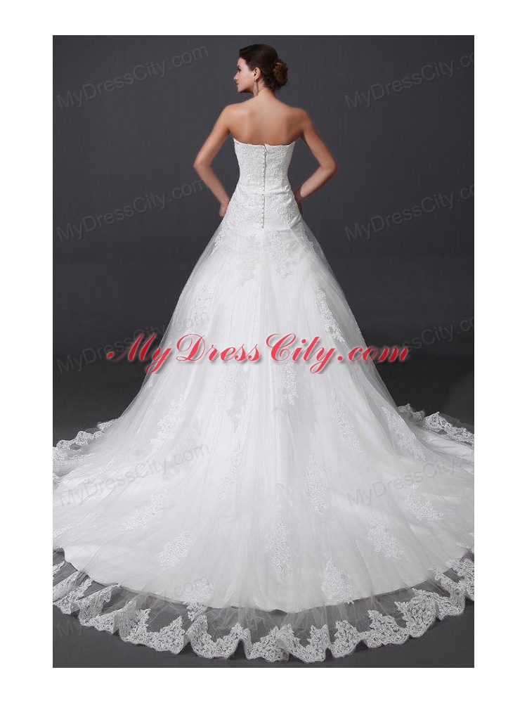 A-Line Sweetheart Appliques and Lace Wedding Dress with Court Train