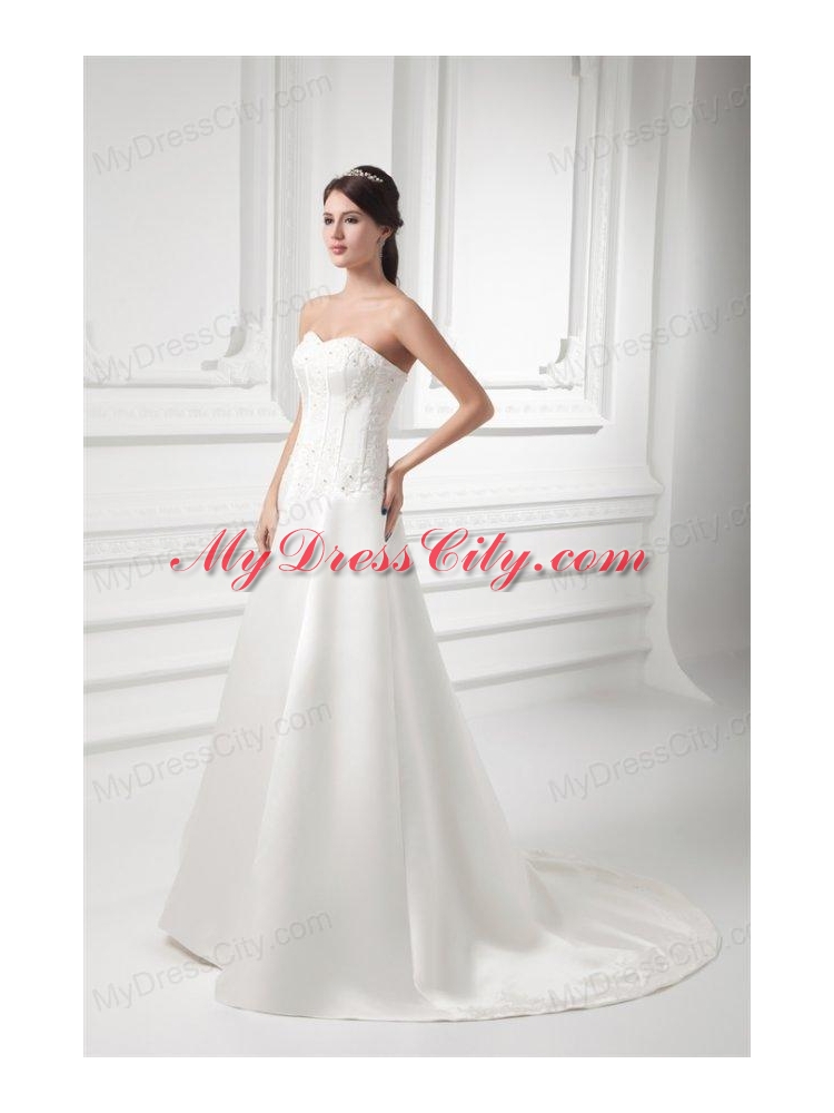 A-line Sweetheart Appliques Satin Court Train Wedding Dress