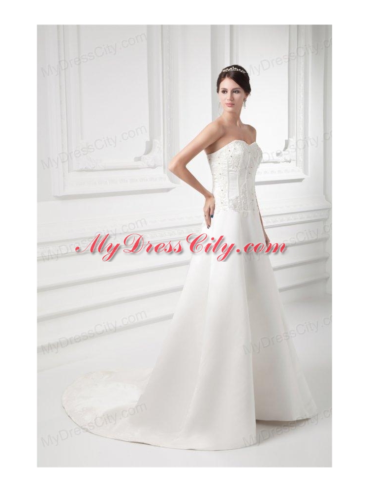 A-line Sweetheart Appliques Satin Court Train Wedding Dress