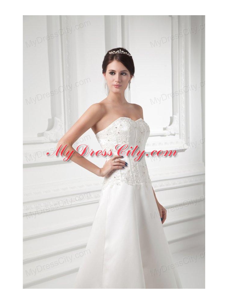 A-line Sweetheart Appliques Satin Court Train Wedding Dress