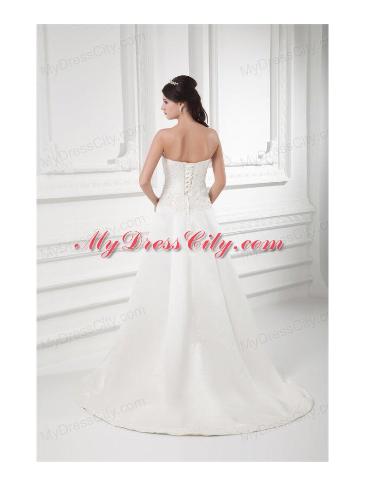 A-line Sweetheart Appliques Satin Court Train Wedding Dress