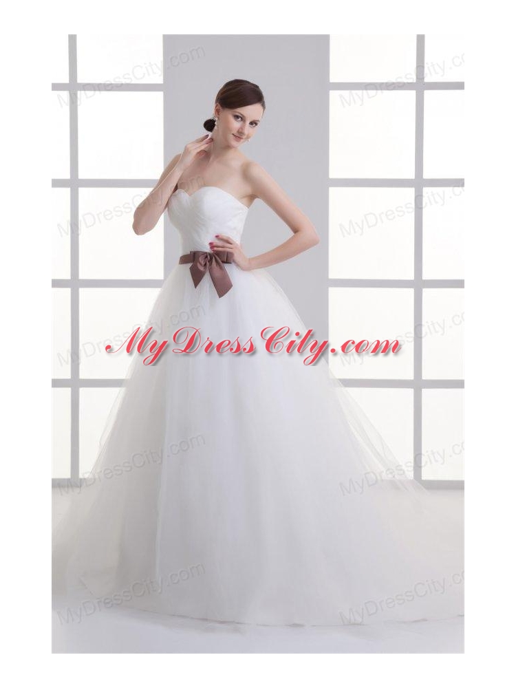 A-line Sweetheart Sash Ruching Tulle Wedding Dress