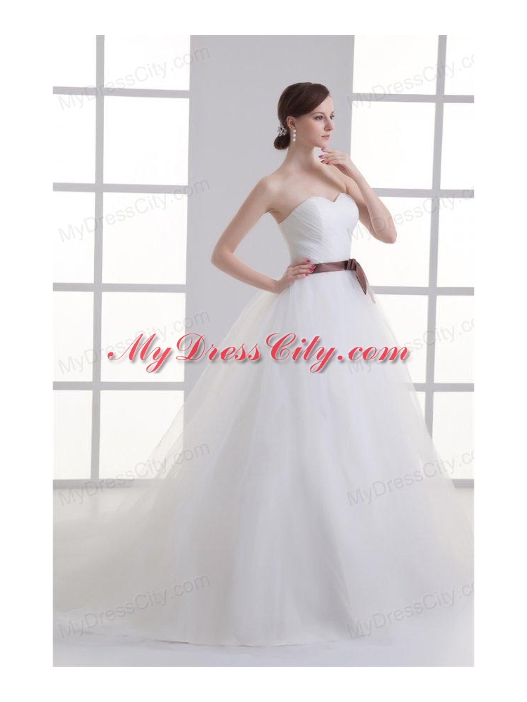 A-line Sweetheart Sash Ruching Tulle Wedding Dress