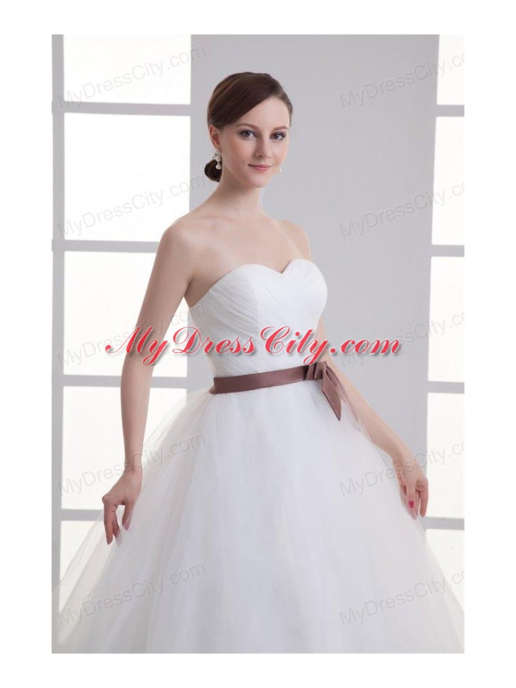 A-line Sweetheart Sash Ruching Tulle Wedding Dress