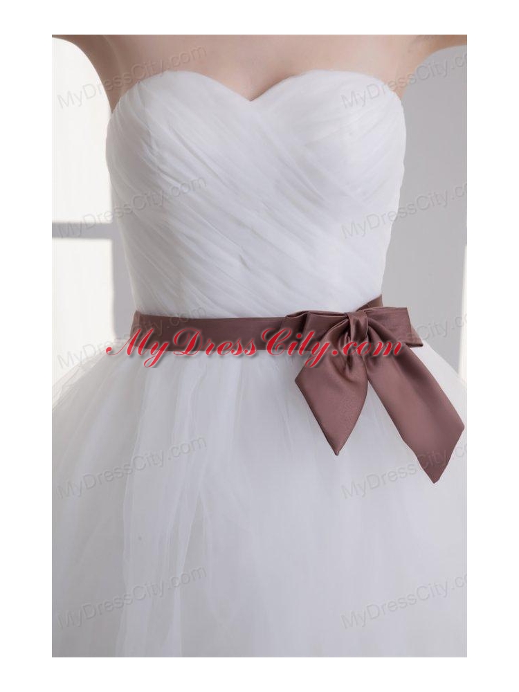 A-line Sweetheart Sash Ruching Tulle Wedding Dress