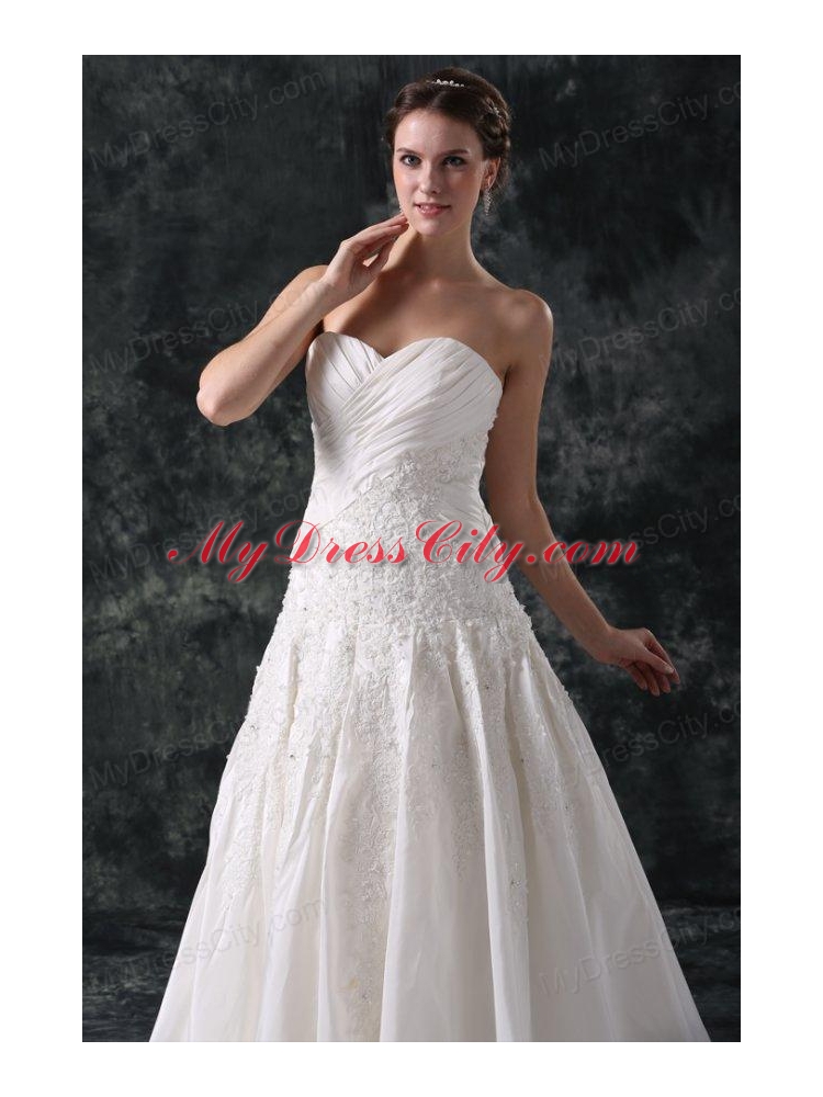 A-Line Sweetheart Taffeta Appliques Court Train Lace Up Wedding Dress