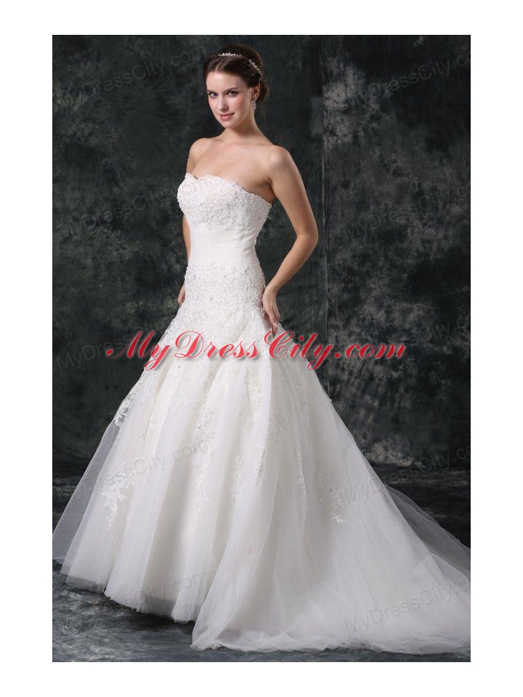 A-Line Tulle Sweetheart Court Train Beading Appliques Lace Up Taffeta Wedding Dress