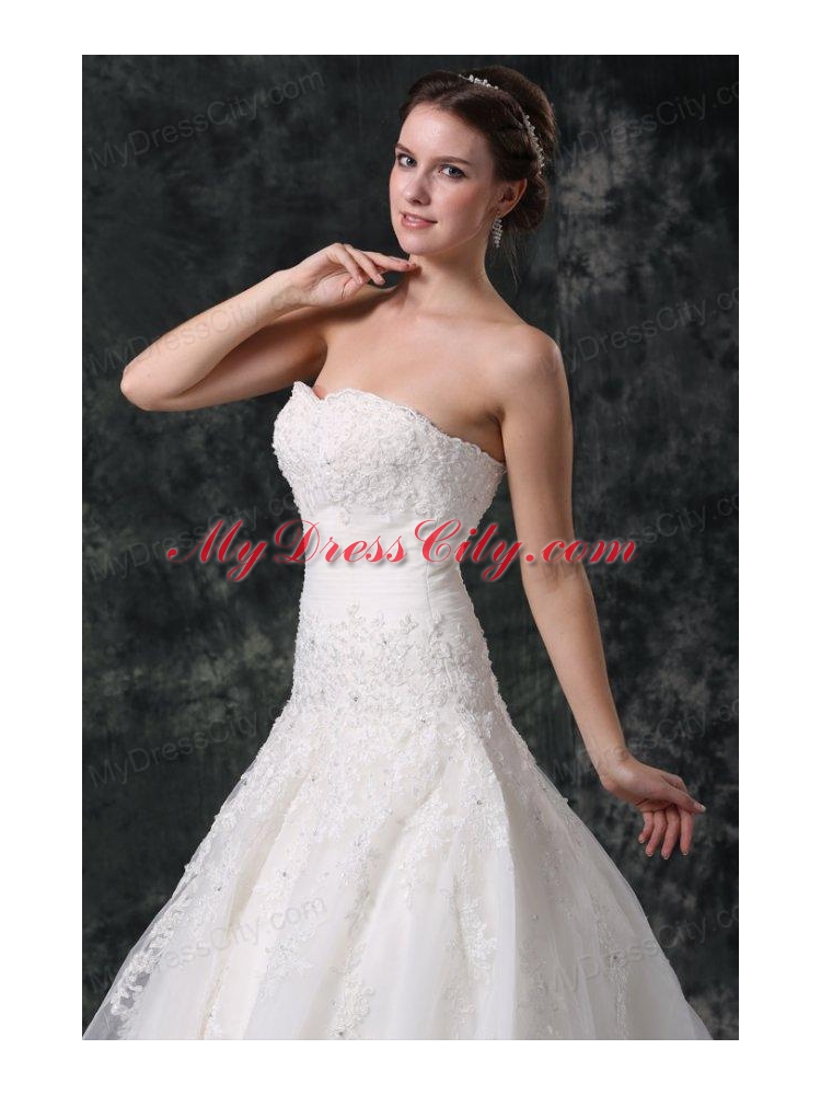 A-Line Tulle Sweetheart Court Train Beading Appliques Lace Up Taffeta Wedding Dress