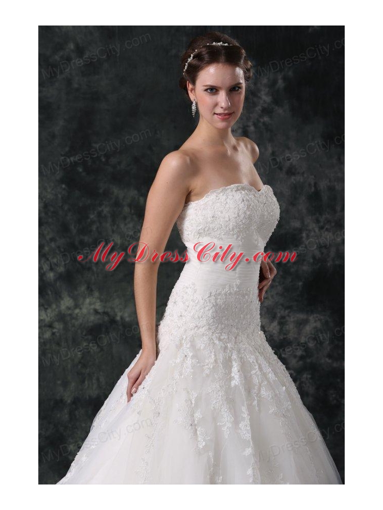 A-Line Tulle Sweetheart Court Train Beading Appliques Lace Up Taffeta Wedding Dress