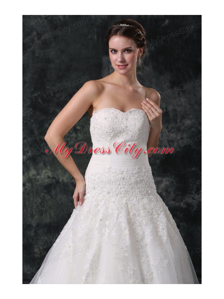 A-Line Tulle Sweetheart Court Train Beading Appliques Lace Up Taffeta Wedding Dress