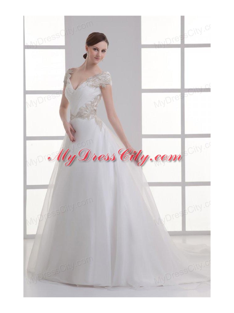 A-line V-neck Cap Sleeves Beading Tulle Court Train Wedding Dress