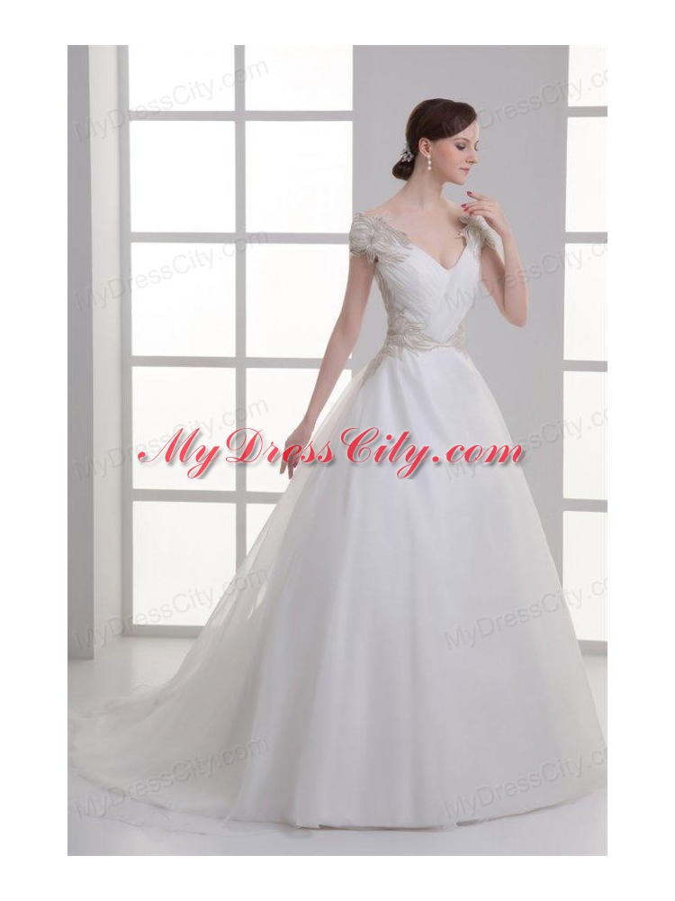 A-line V-neck Cap Sleeves Beading Tulle Court Train Wedding Dress