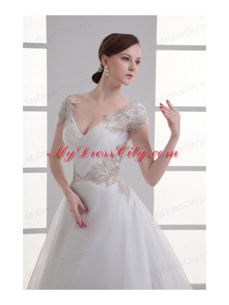 A-line V-neck Cap Sleeves Beading Tulle Court Train Wedding Dress