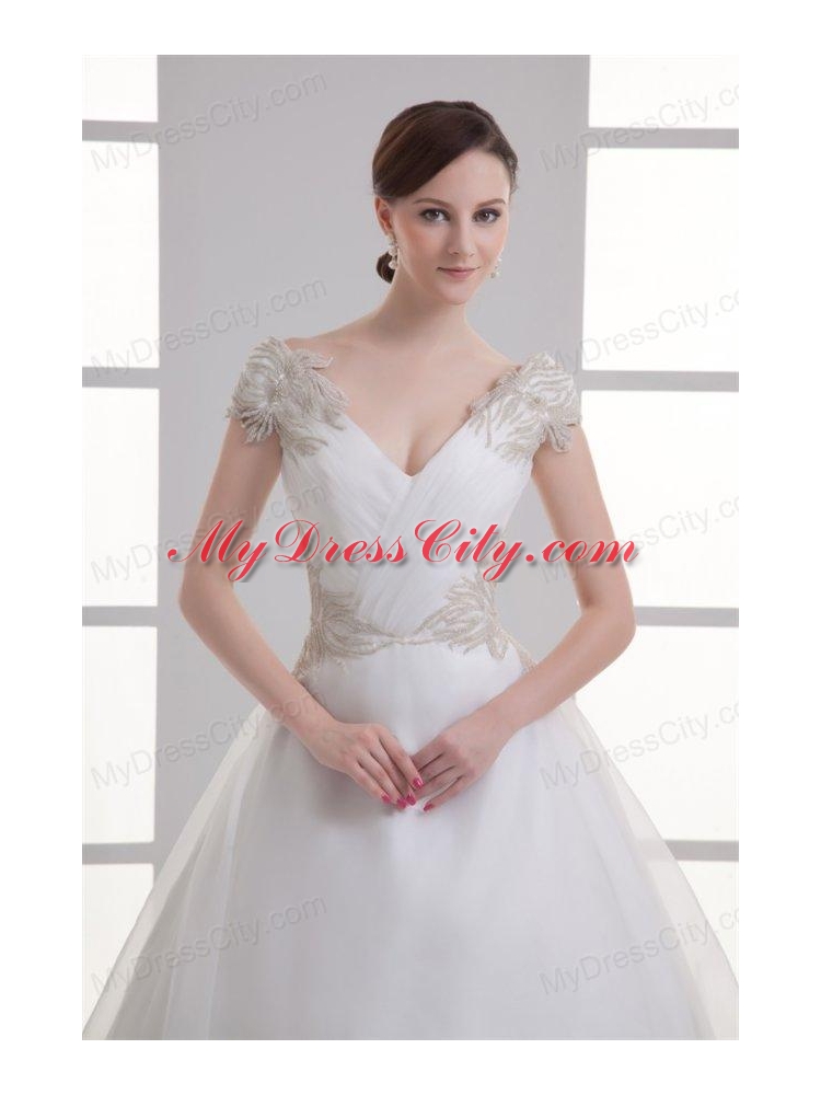 A-line V-neck Cap Sleeves Beading Tulle Court Train Wedding Dress