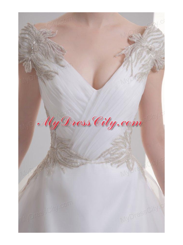 A-line V-neck Cap Sleeves Beading Tulle Court Train Wedding Dress