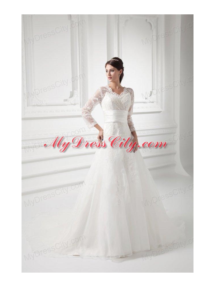 A-line V-neck Long Sleeves Lace Belt Court Train Wedding Dress