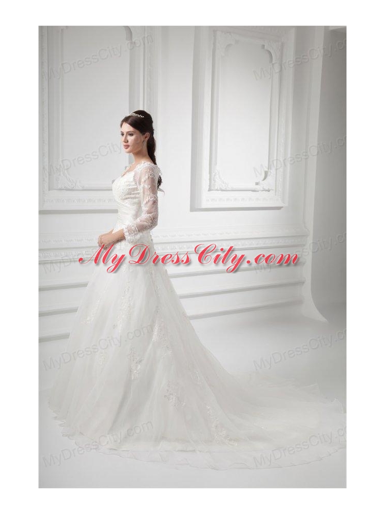 A-line V-neck Long Sleeves Lace Belt Court Train Wedding Dress