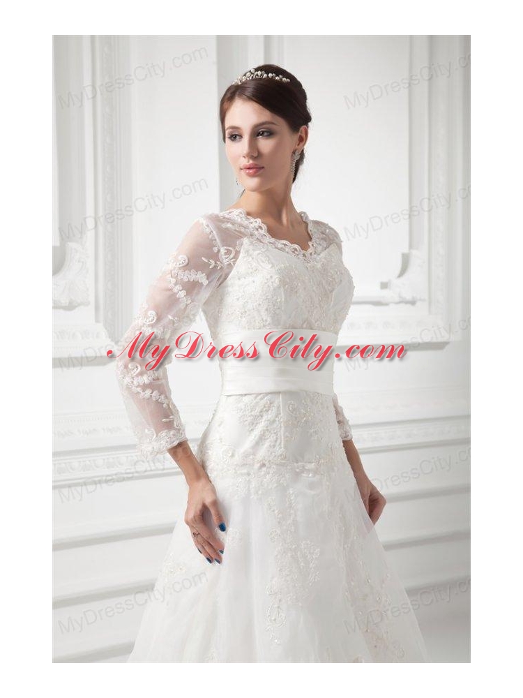 A-line V-neck Long Sleeves Lace Belt Court Train Wedding Dress