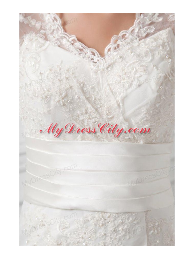 A-line V-neck Long Sleeves Lace Belt Court Train Wedding Dress