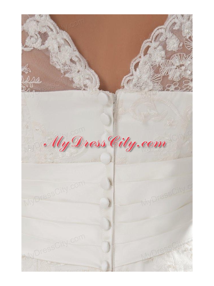 A-line V-neck Long Sleeves Lace Belt Court Train Wedding Dress