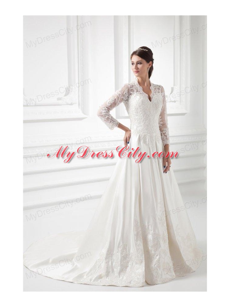 A-line V-neck Long Sleeves Satin Chapel Train Wedding Dress