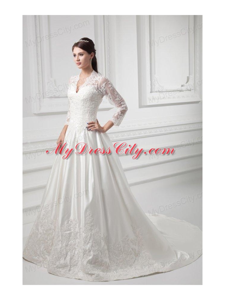 A-line V-neck Long Sleeves Satin Chapel Train Wedding Dress