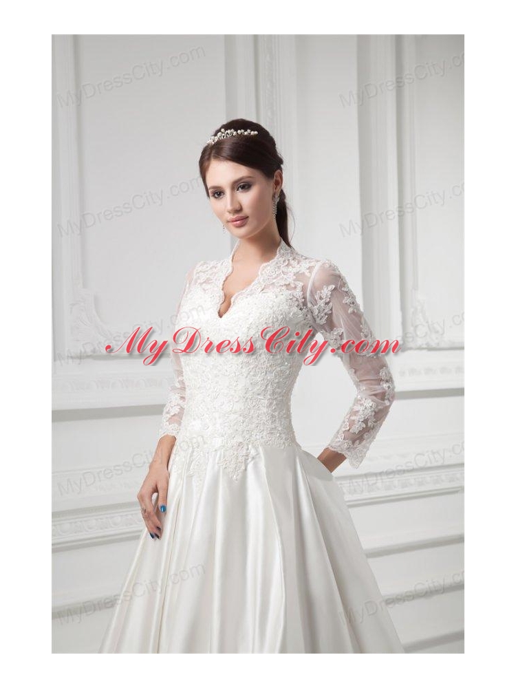 A-line V-neck Long Sleeves Satin Chapel Train Wedding Dress