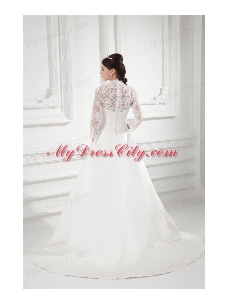 A-line V-neck Long Sleeves Satin Chapel Train Wedding Dress