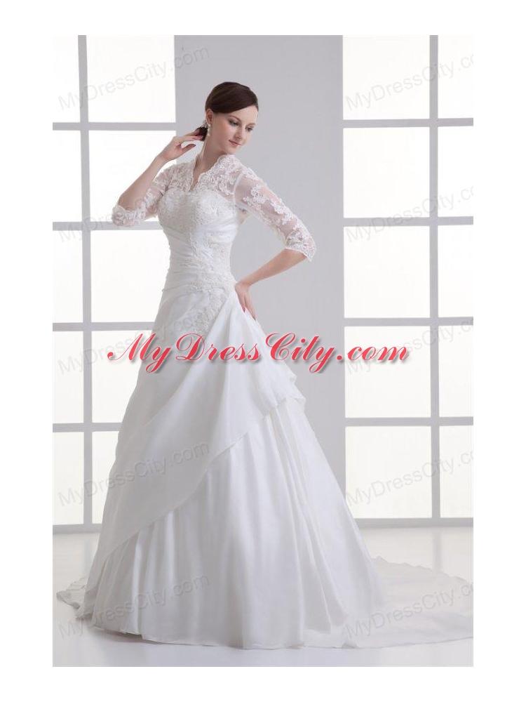 A-line V-neck Long Sleeves Taffeta Court Train Wedding Dress