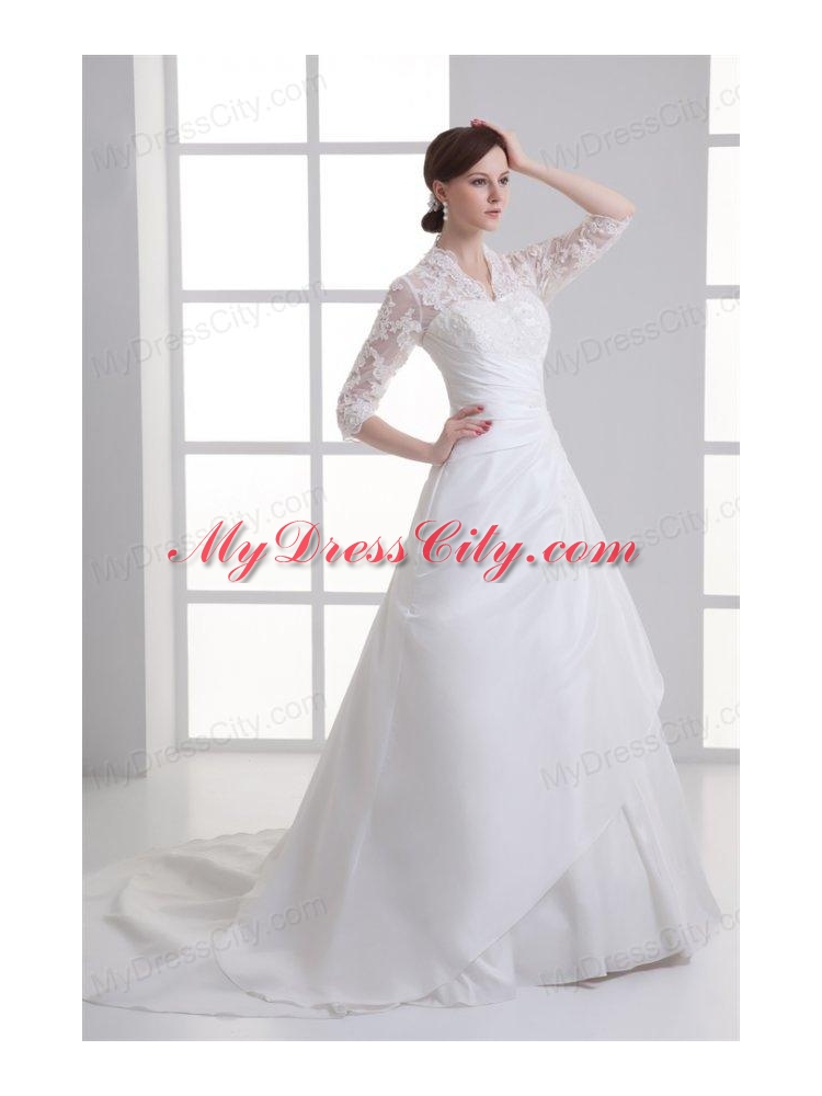 A-line V-neck Long Sleeves Taffeta Court Train Wedding Dress