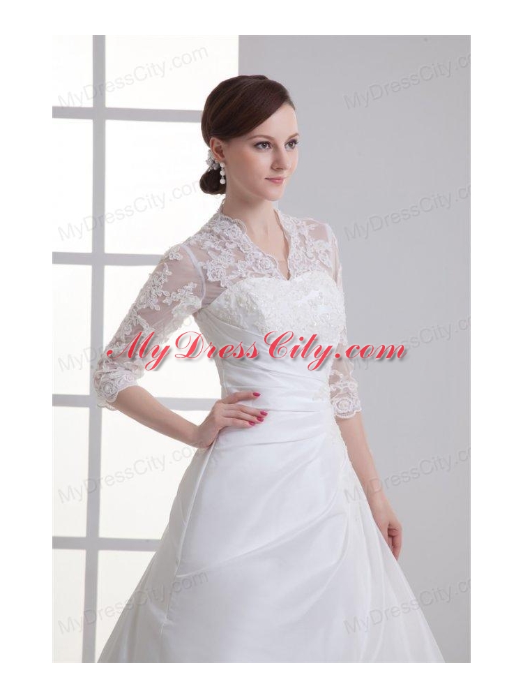 A-line V-neck Long Sleeves Taffeta Court Train Wedding Dress