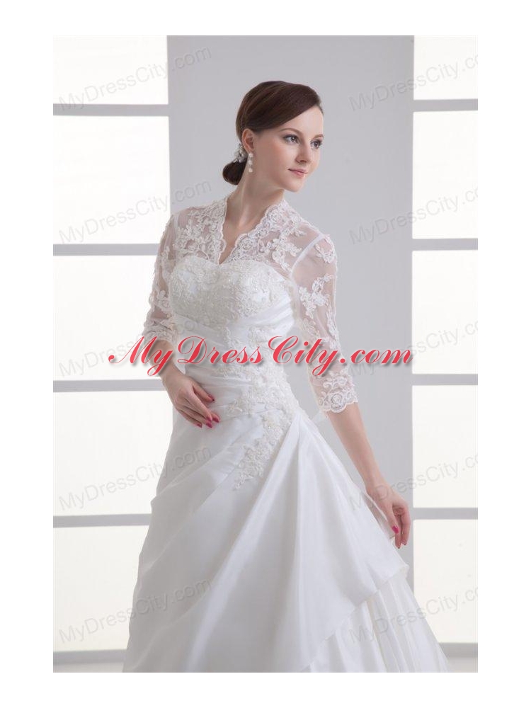 A-line V-neck Long Sleeves Taffeta Court Train Wedding Dress