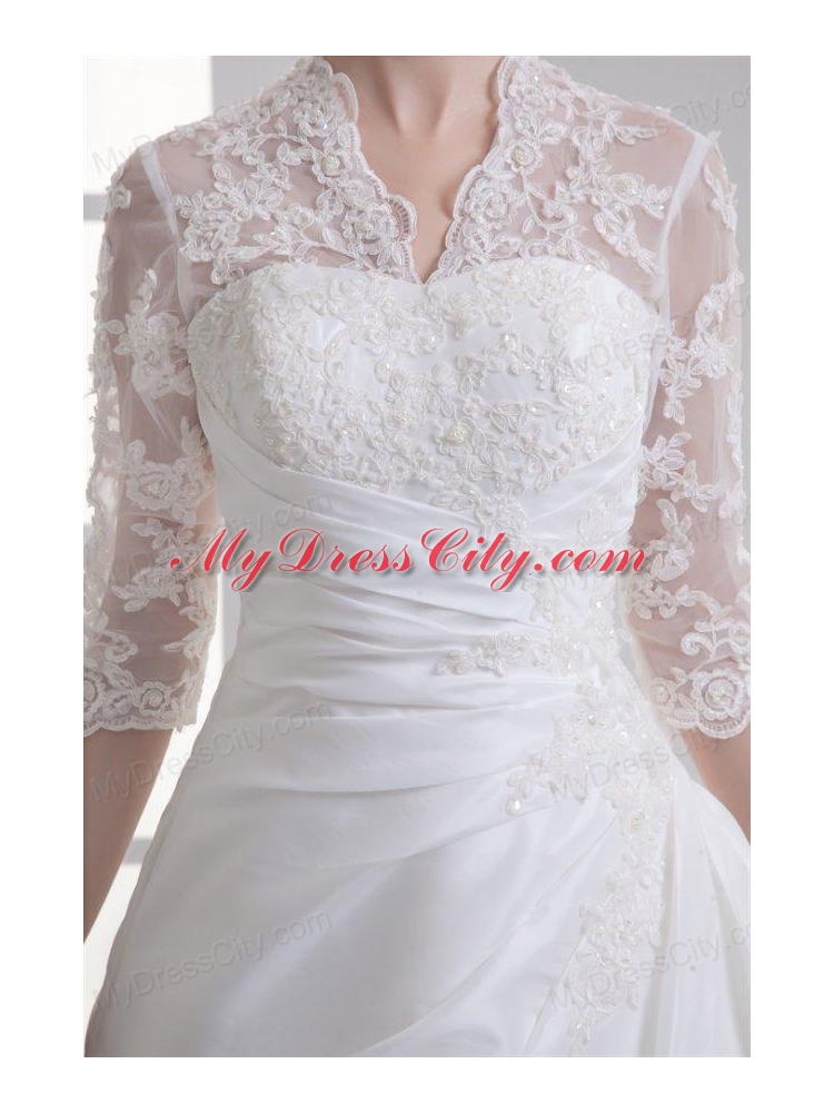 A-line V-neck Long Sleeves Taffeta Court Train Wedding Dress