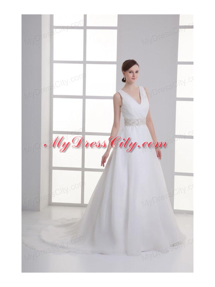 A-line V-neck Ruching Organza Beading Belt Court Train Wedding Dress