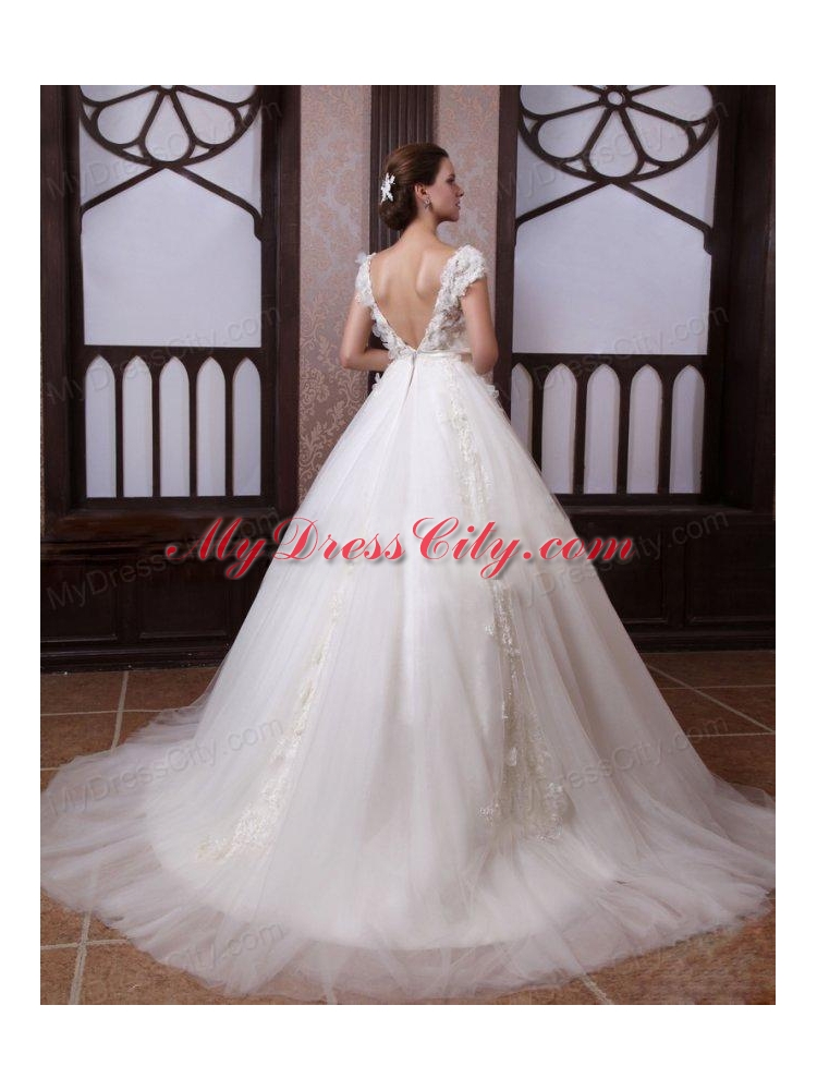 Ball Gown Scoop Appliques Tulle Wedding Dress with Chapel Train