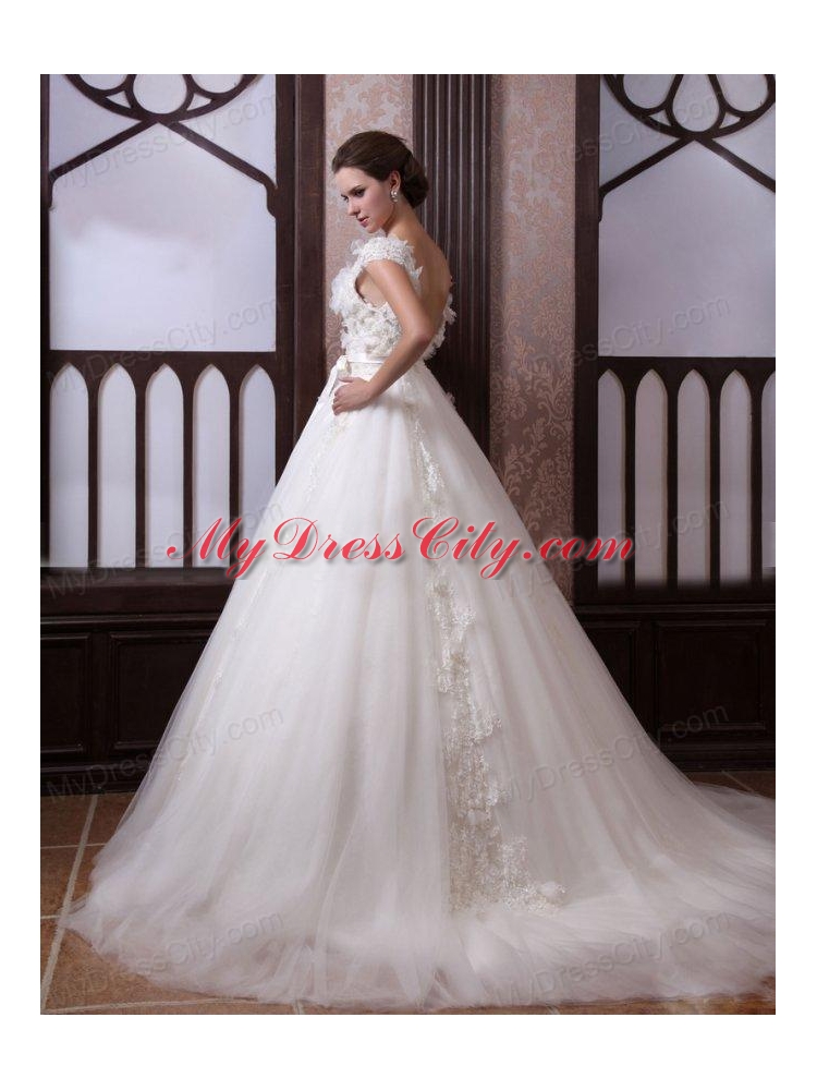 Ball Gown Scoop Appliques Tulle Wedding Dress with Chapel Train