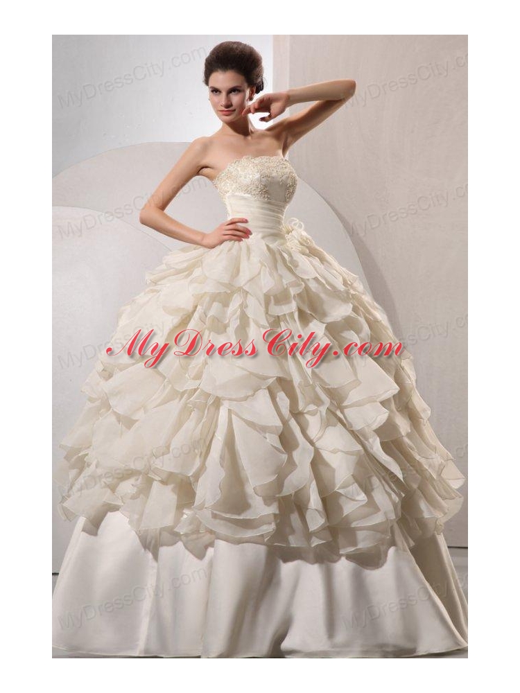 Ball Gown Strapless Appliques and Hand Made Flowers Wedding Dress