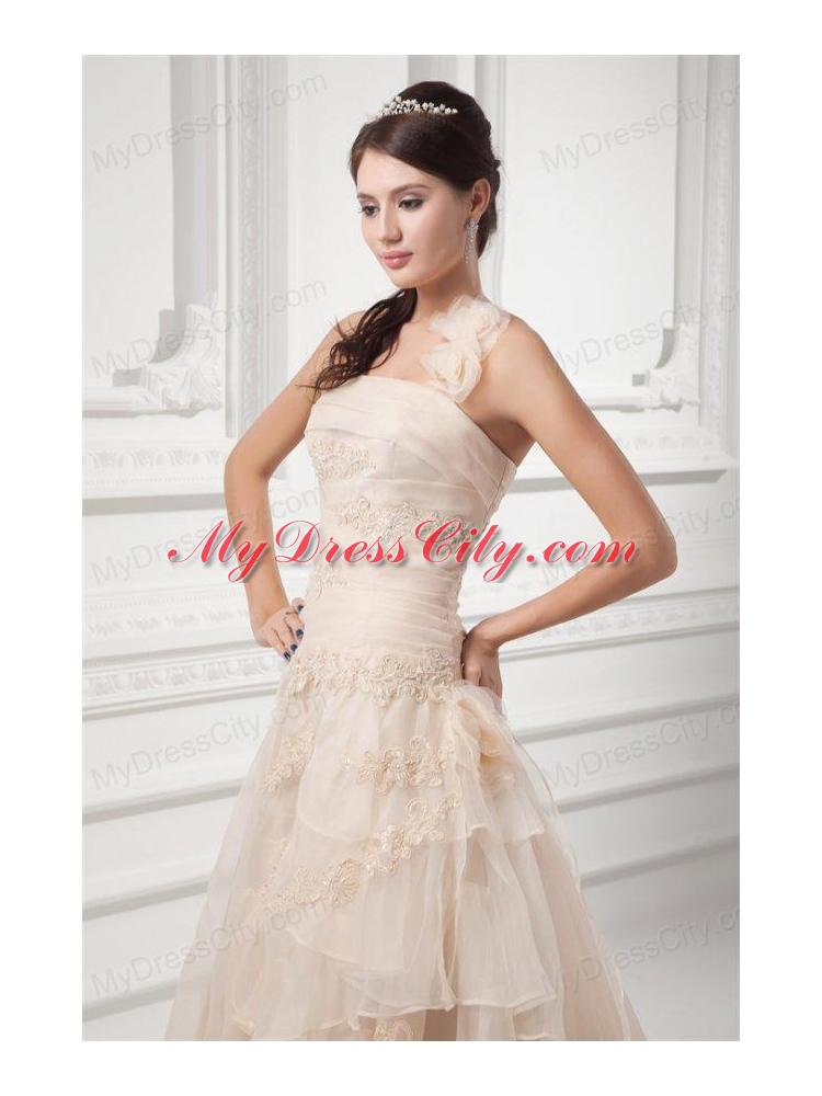 Champagne A-line Halter Top Wedding Dress with Embroidery and Layers